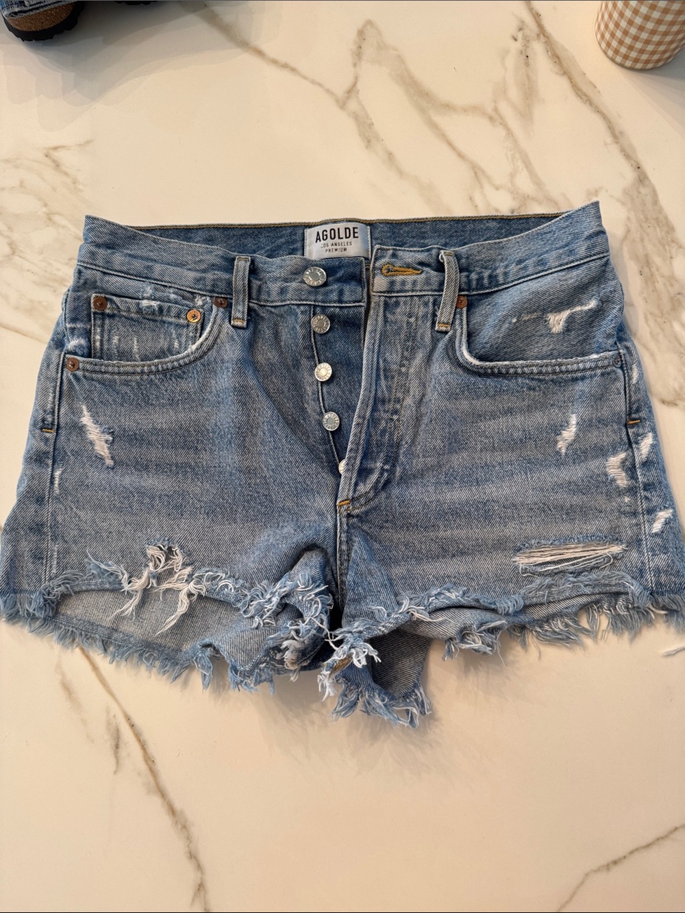Agolde Medium Blue Distressed High-Rise Denim Shorts